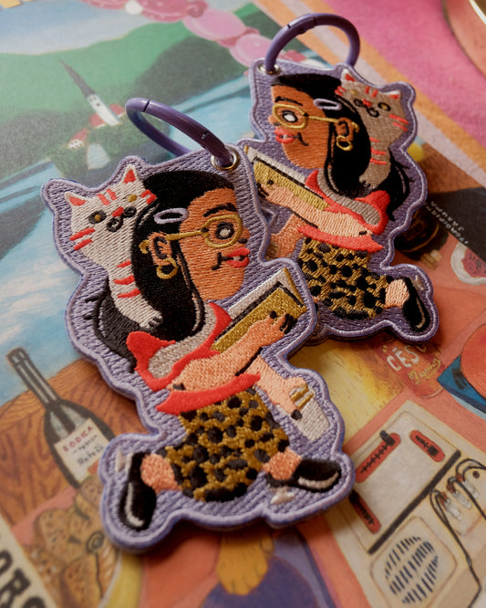A Girl and Her Cat Embroidered Keychain